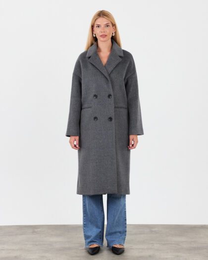 2303 - Kadın Bej Çift Düğmeli Oversize Kaşe Kaban