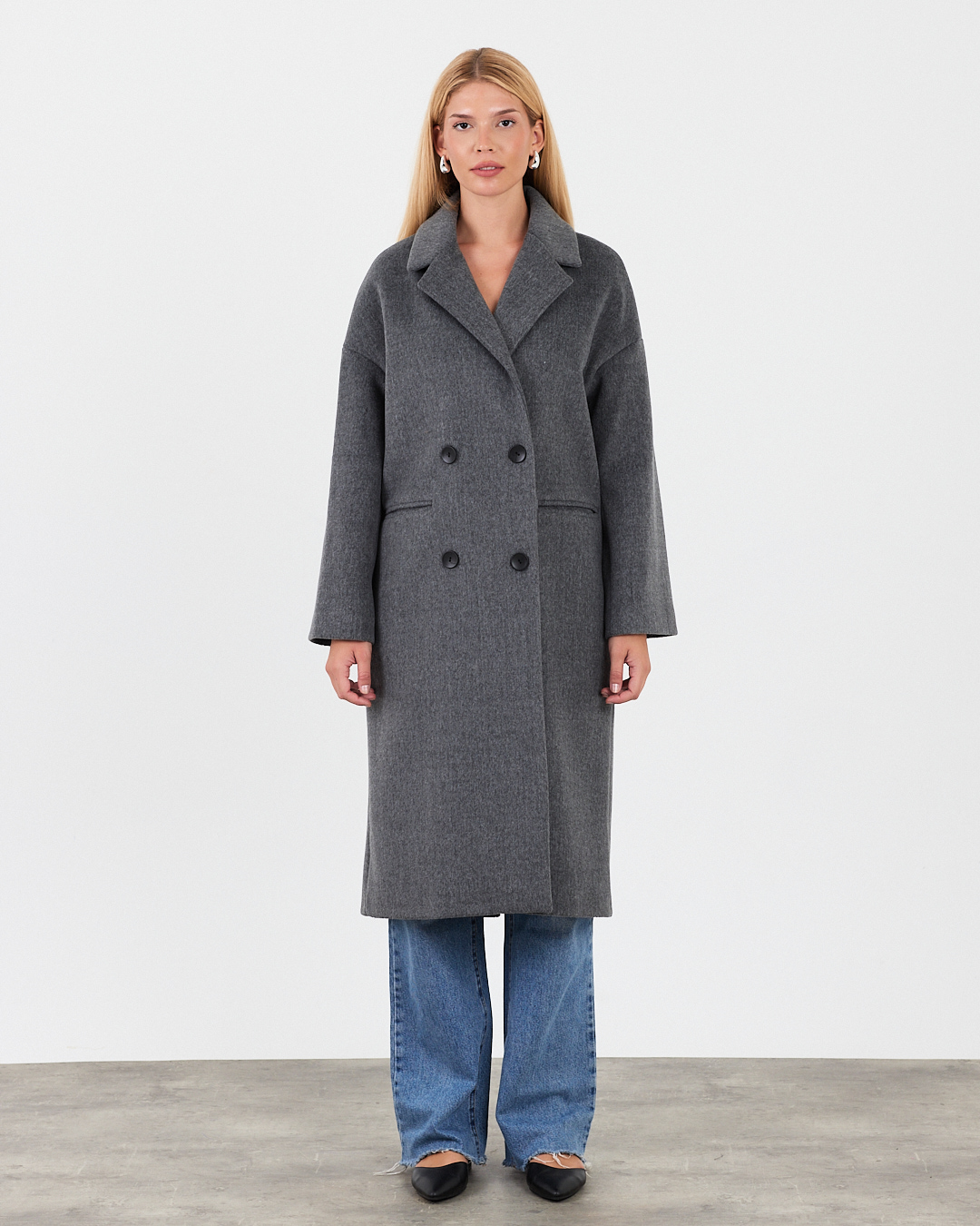 2303 - Kadın Bej Çift Düğmeli Oversize Kaşe Kaban